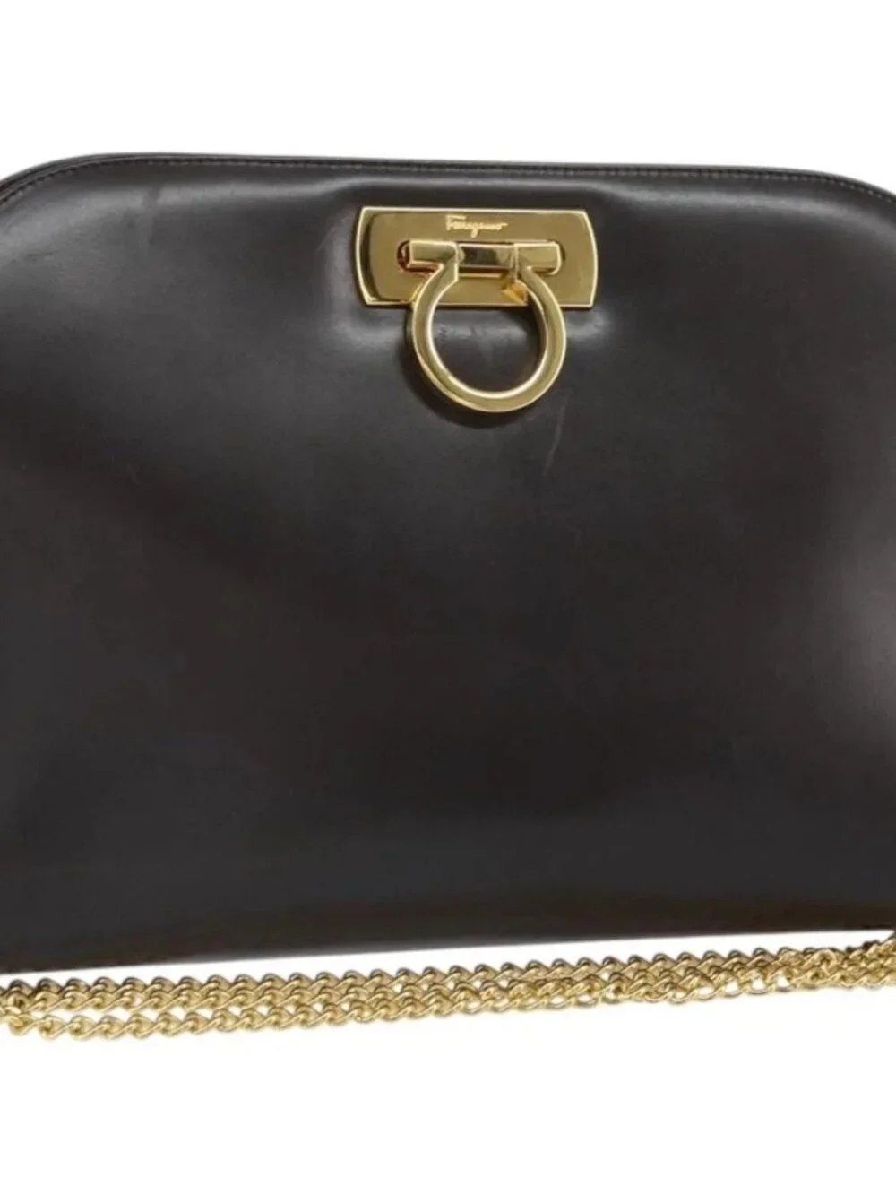Salvatore Ferragamo Gancini Chain Shoulder Bag Leather Brown Gold Auth 166439